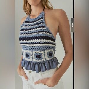 Lucky Brand Crochet Halter Peplum Tank Top - Blue & White